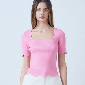 English Factory Scallop Hem Pink Square Neck Rib Sweater Medium